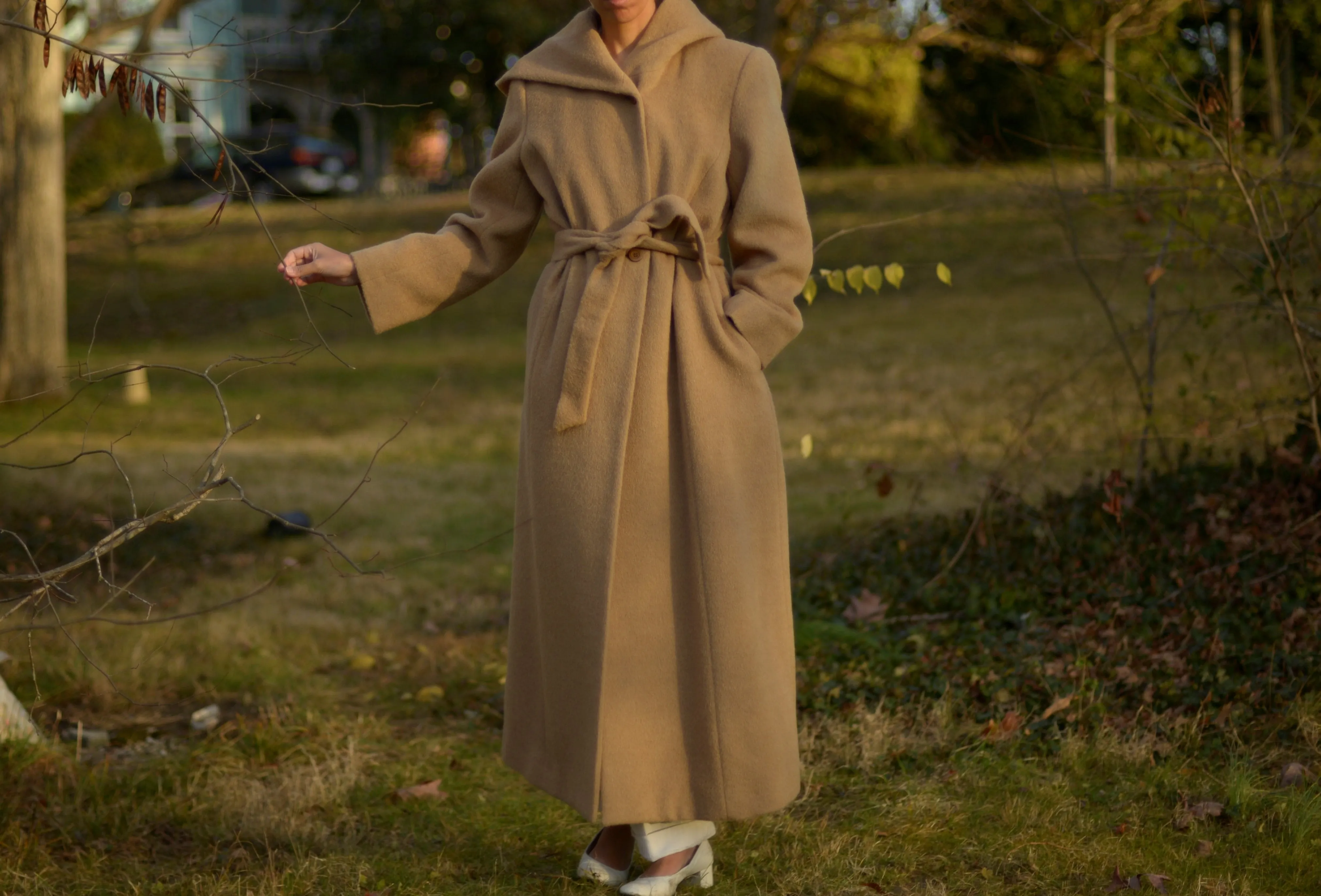 90s tan wool alpaca blend hood full length coat