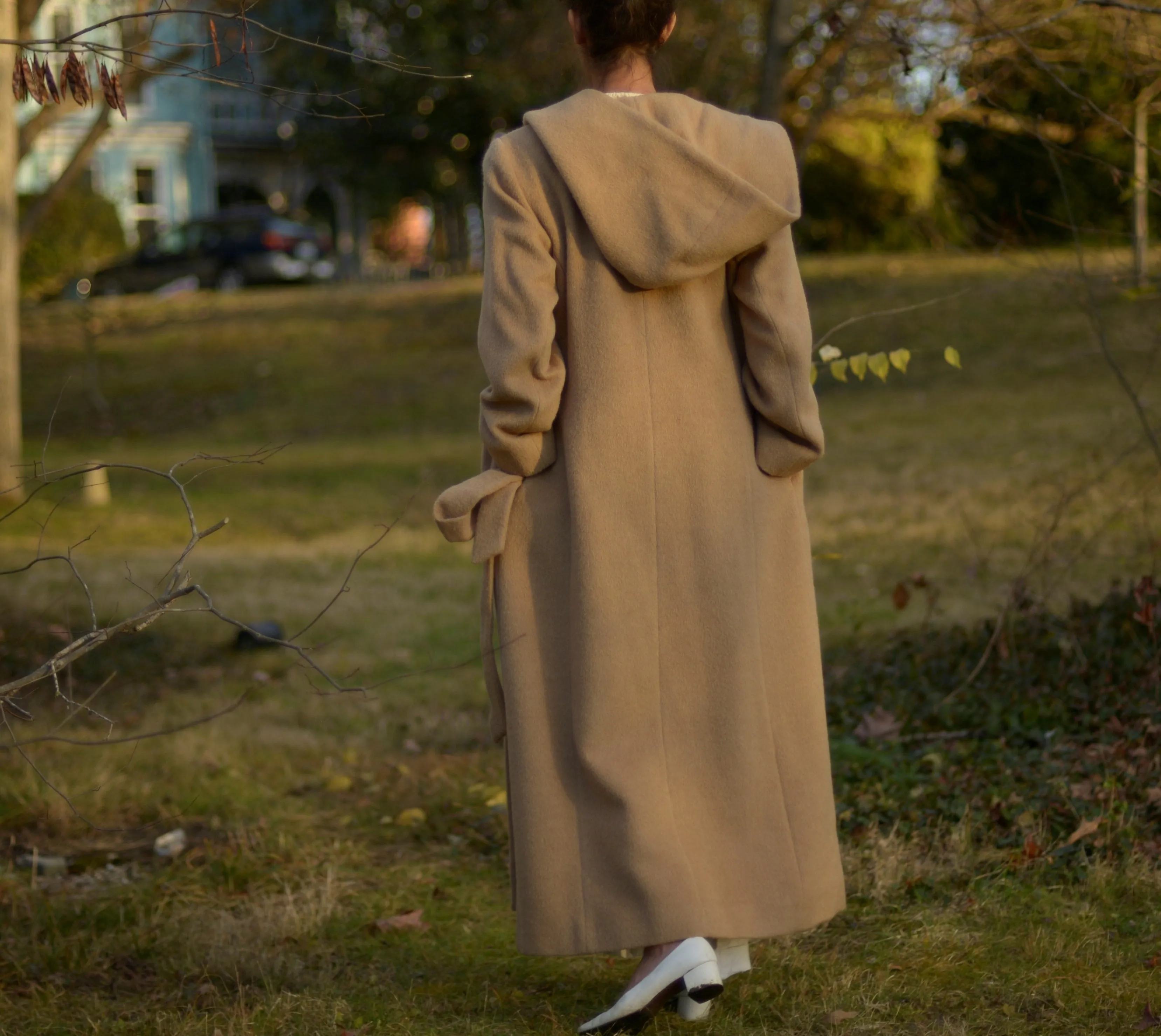 90s tan wool alpaca blend hood full length coat