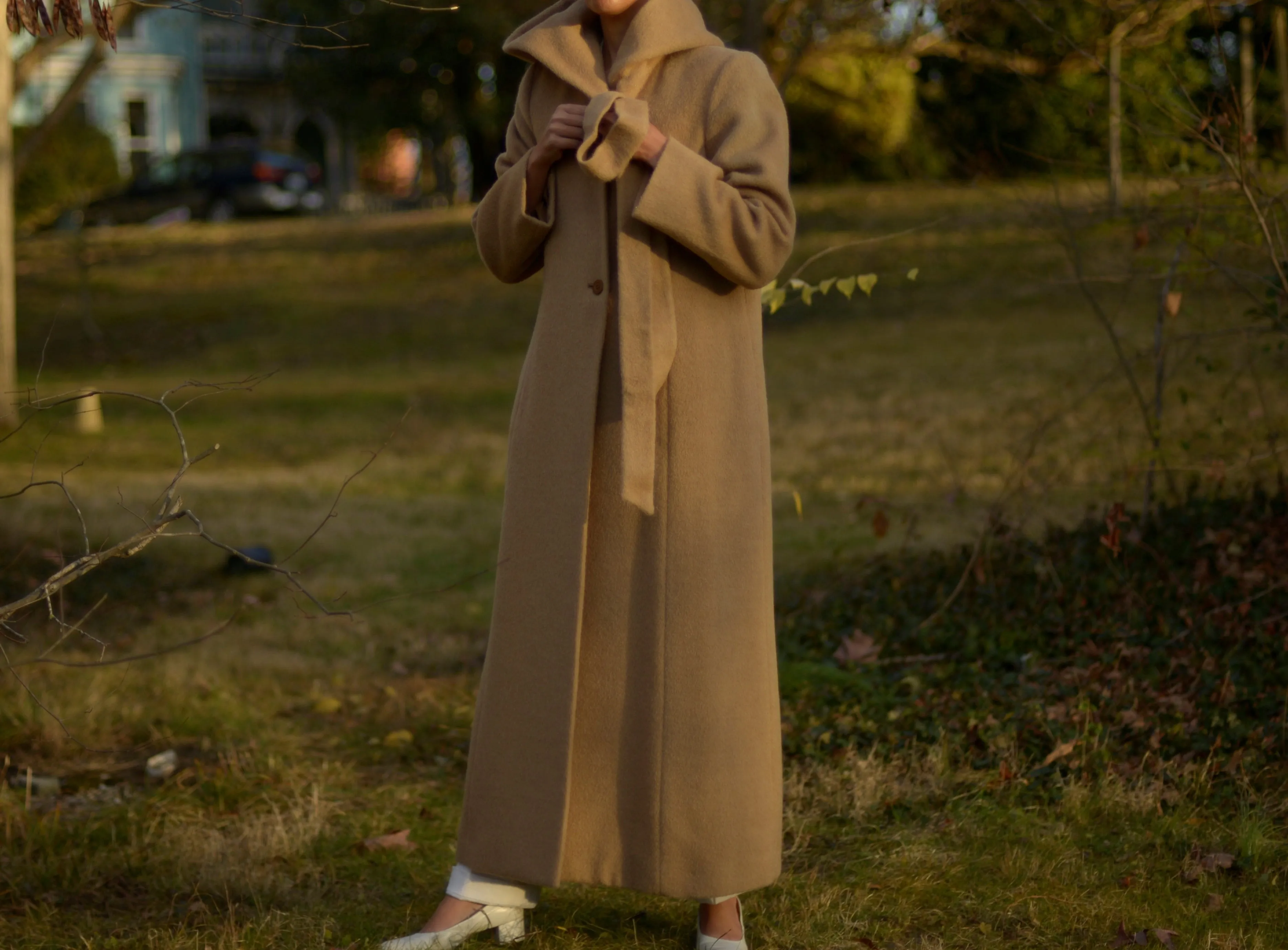 90s tan wool alpaca blend hood full length coat