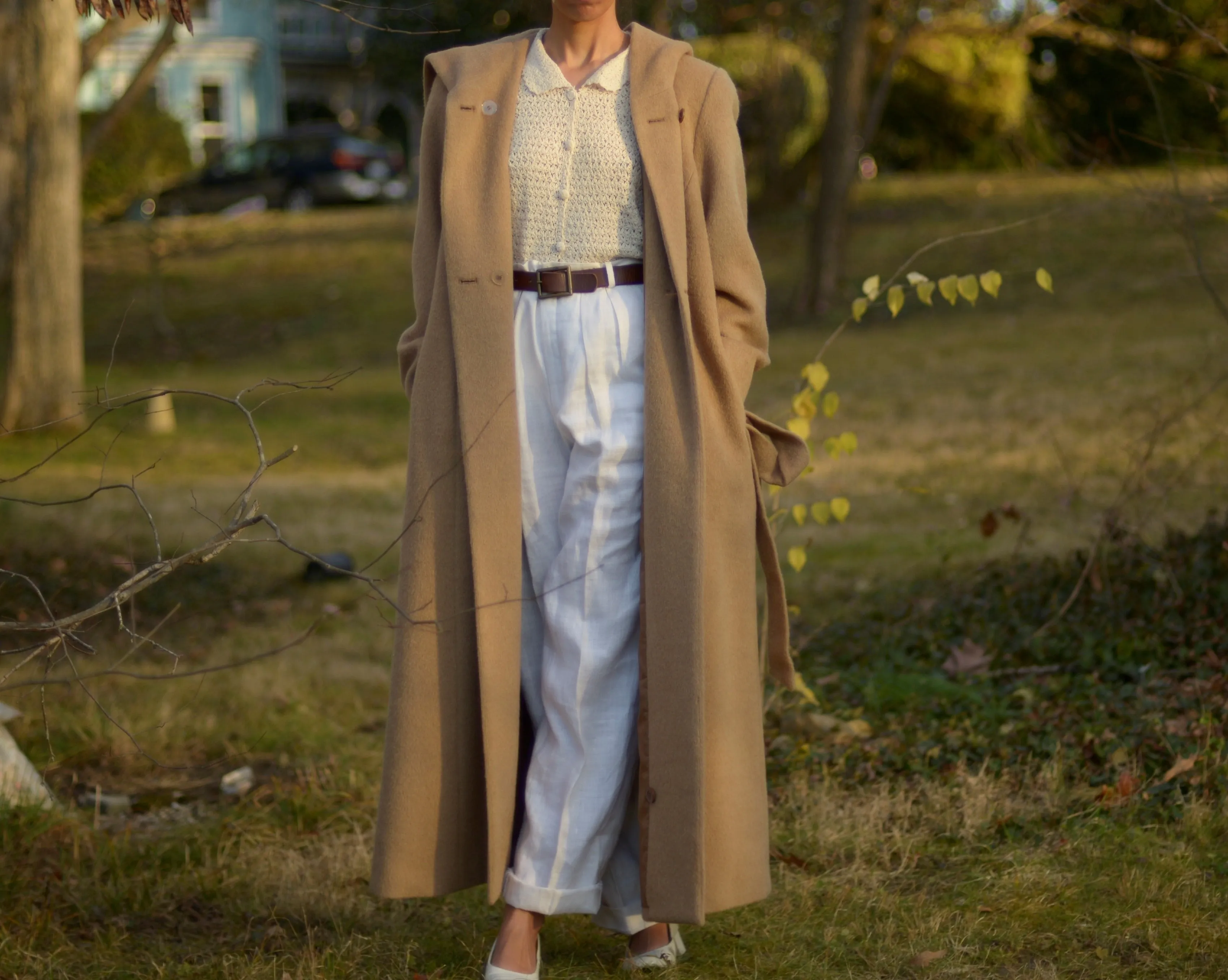 90s tan wool alpaca blend hood full length coat