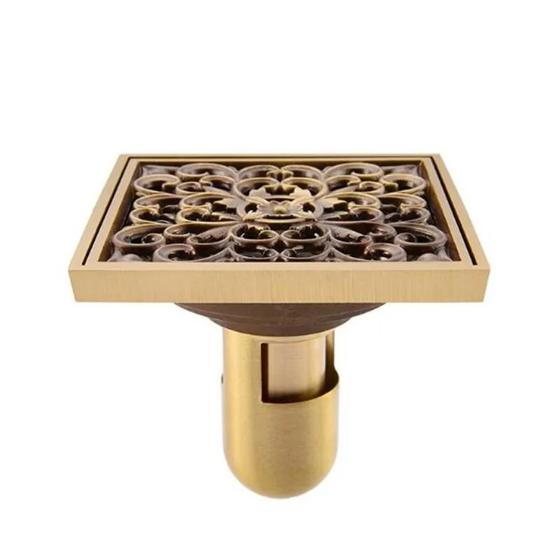 Antique Brass Art Carved Flower Bathroom Floor Waste Grate Shower Drain