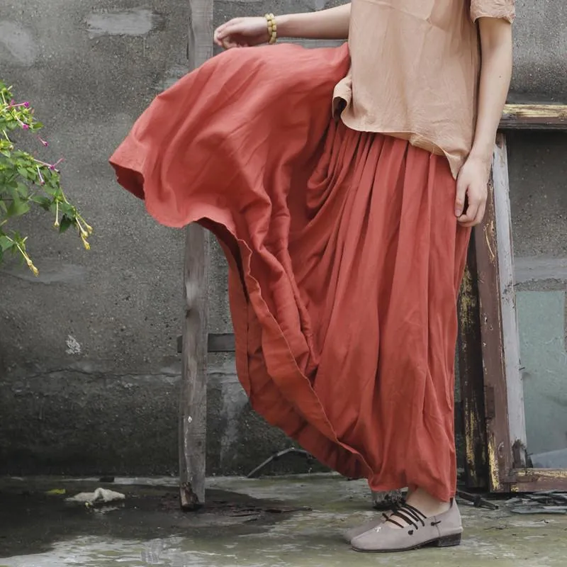 Burned Orange Pleated Cotton Skirt