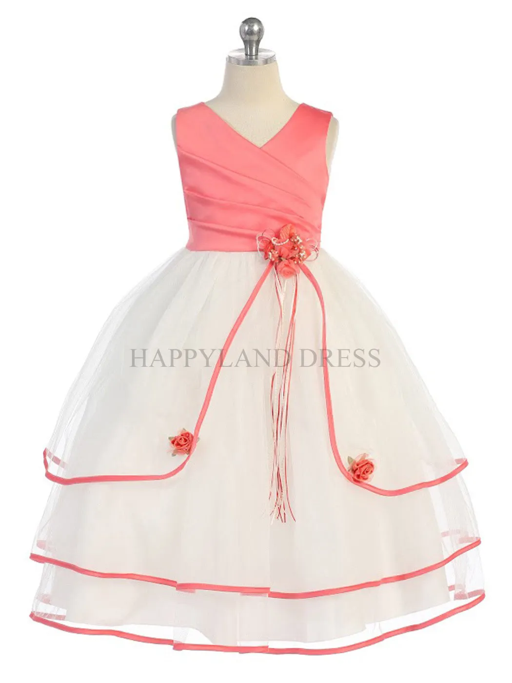 D3012 Coral Satin and Tulle Tea Length Dress