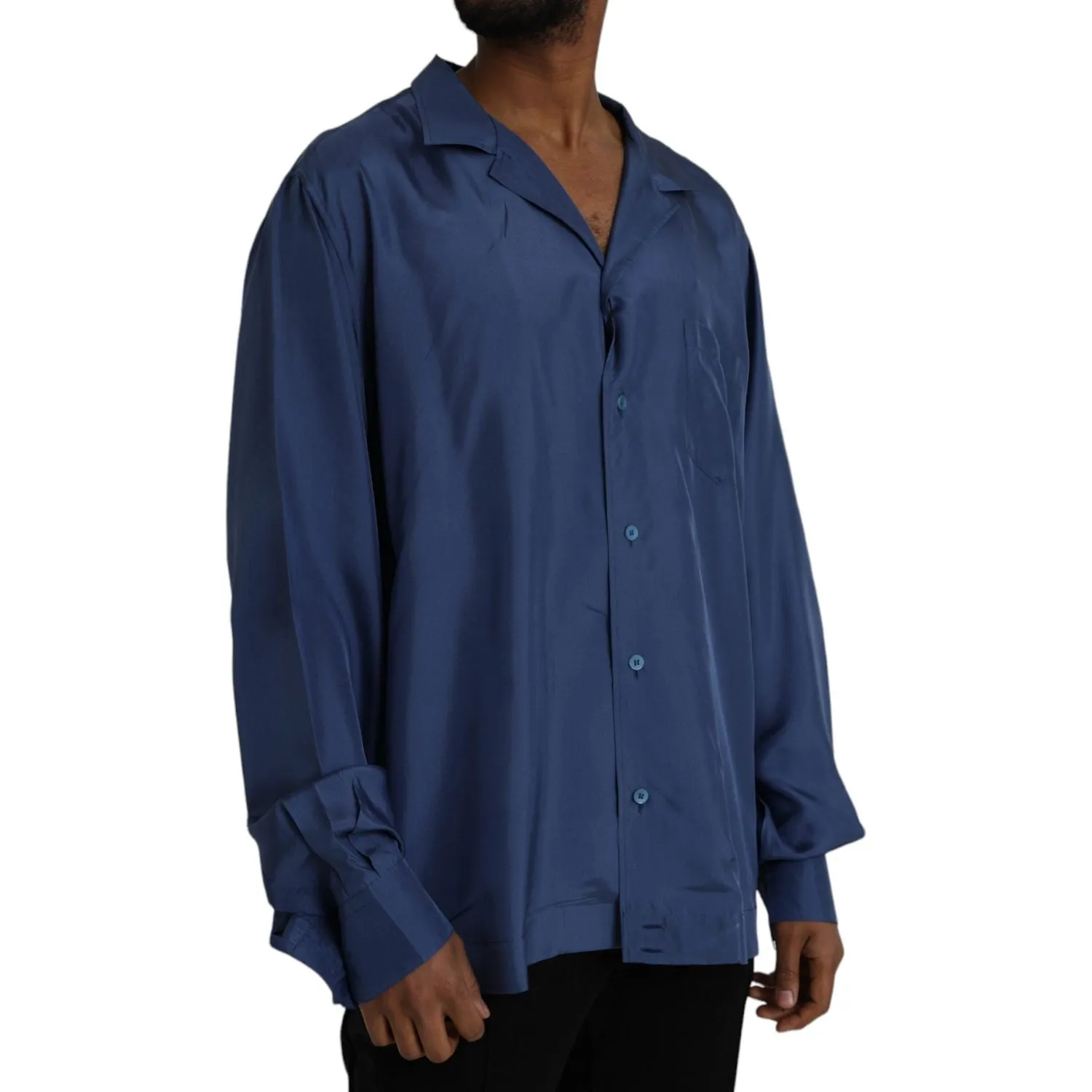 Dolce & Gabbana Blue Silk Long Sleeve Lounge Casual Shirt