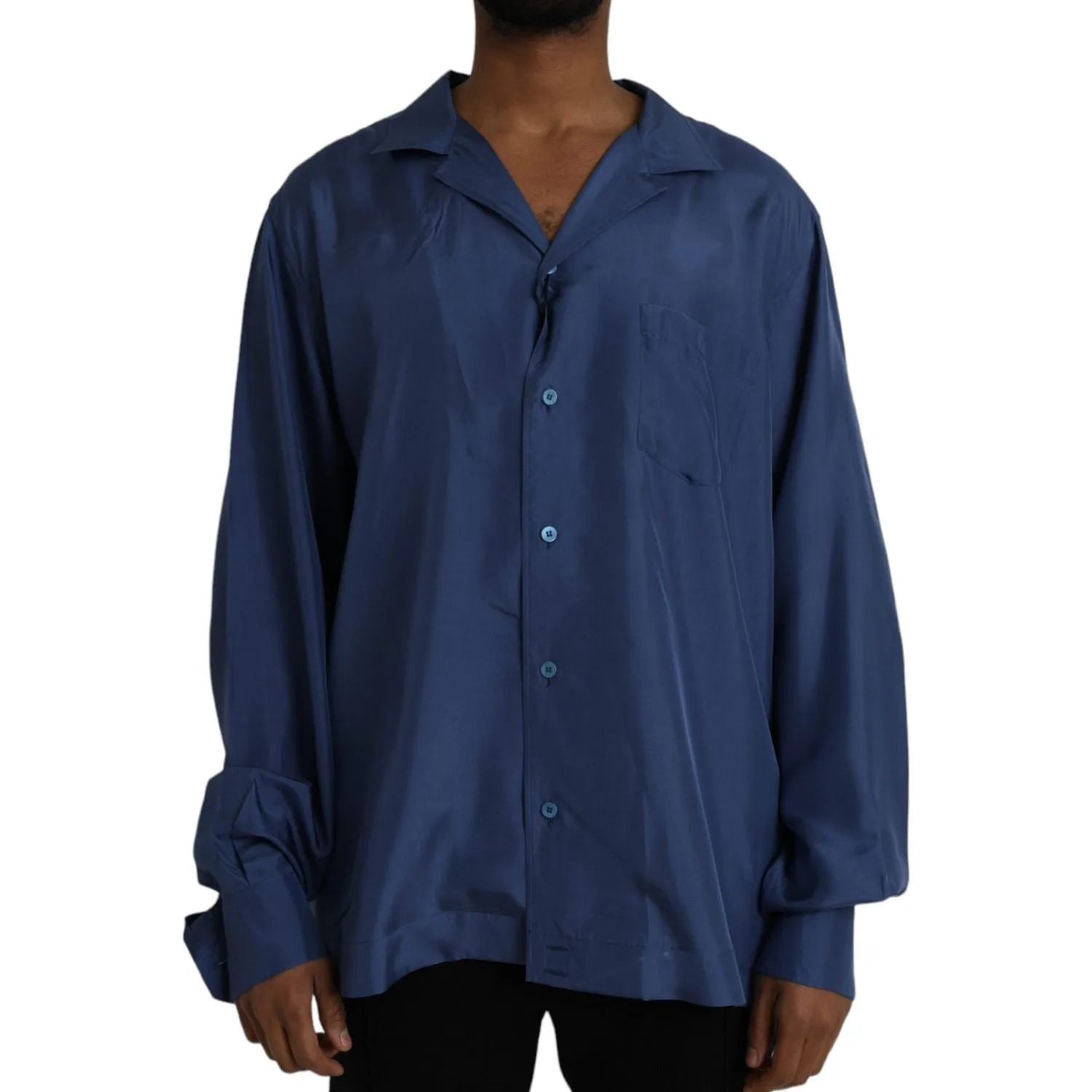 Dolce & Gabbana Blue Silk Long Sleeve Lounge Casual Shirt