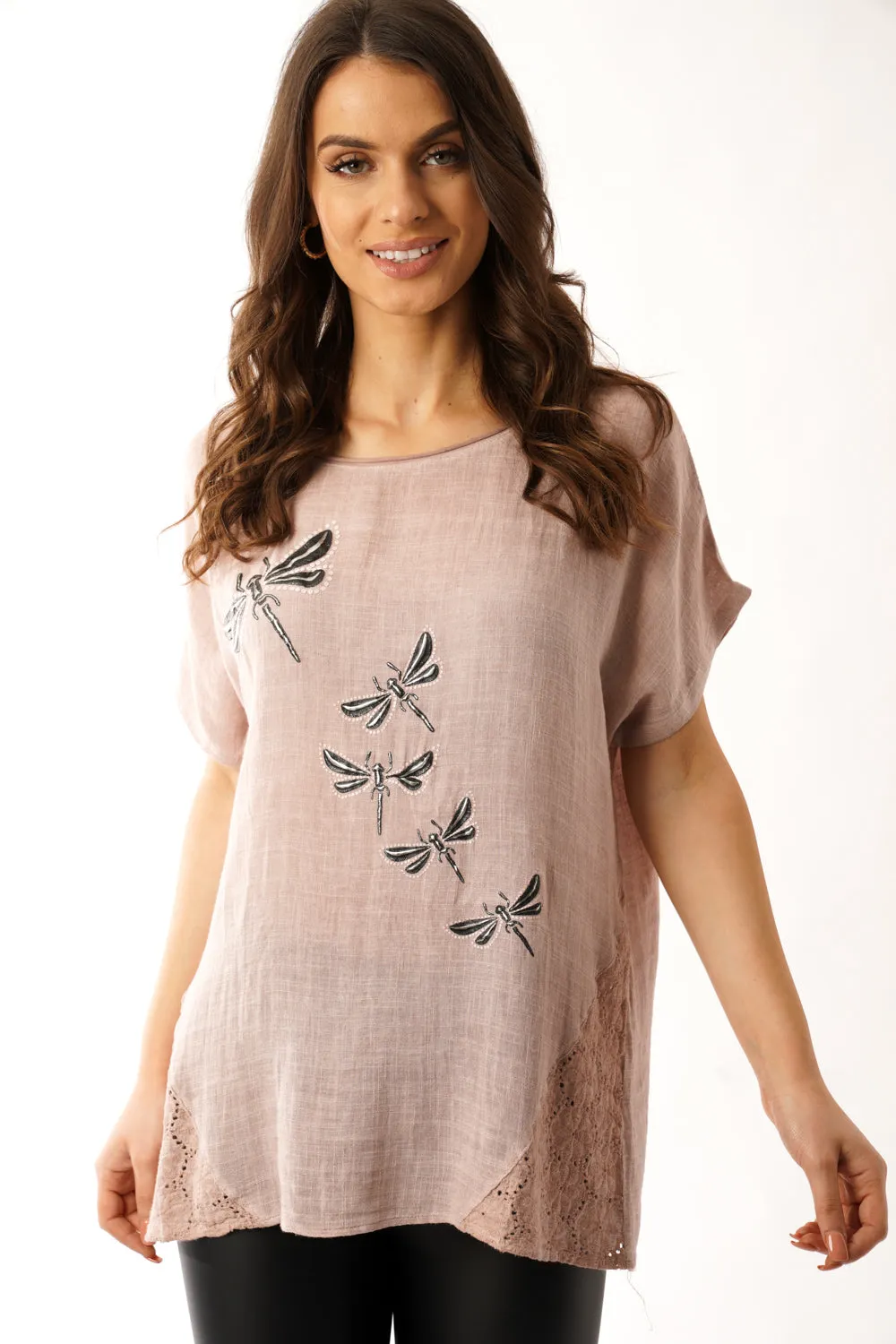 Dragonfly Design Linen Lace insert Top