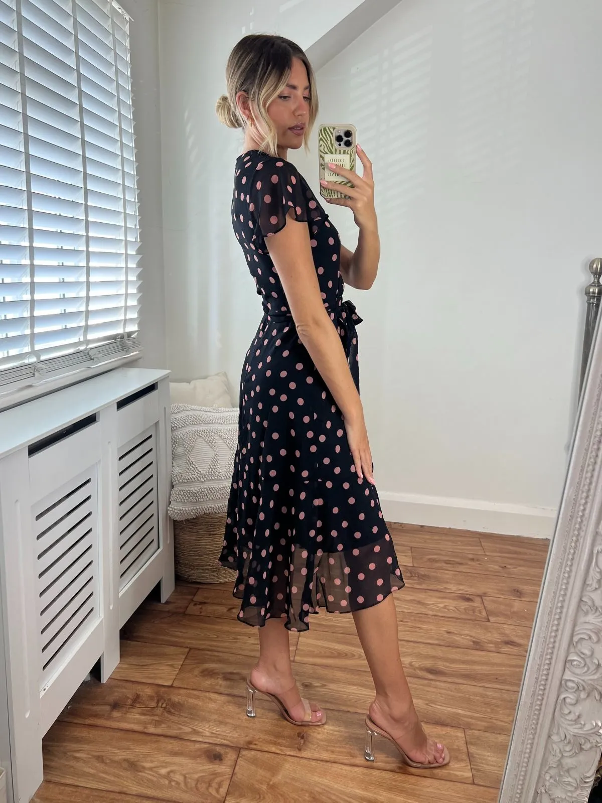 Faith Midi Ruffle Dress /  Black and Blush Polka Dot