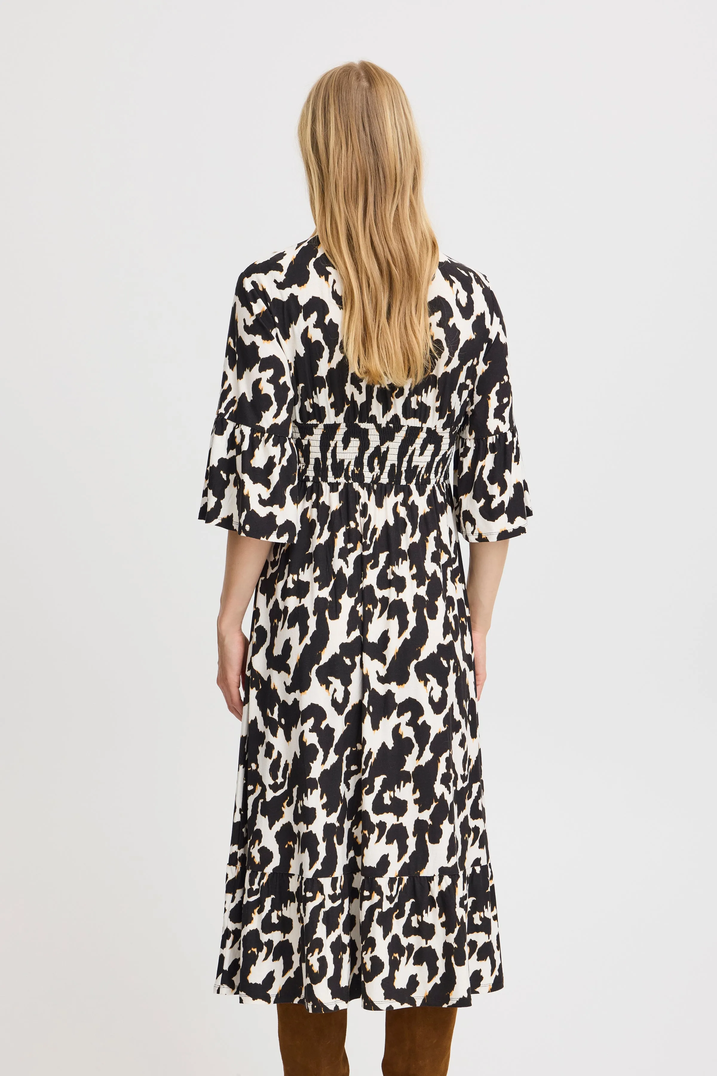 Fransa V Neck Shirred waist Jersey midi dress 20614652 Animal Print