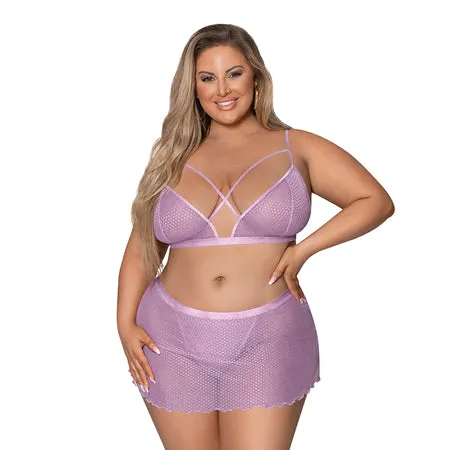 Girl Next Door Strappy Bralette w/Flirty Thong Skirt Lilac 2XL