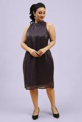 High Neck Embellished Sequined A-line Midi Dress