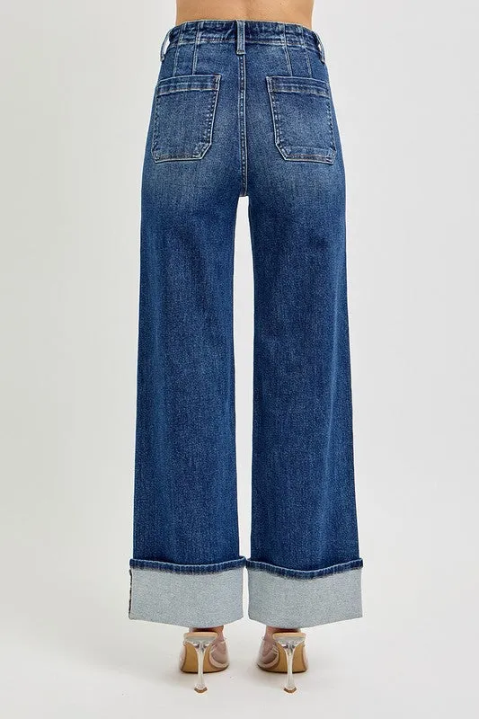 High Rise Ankle Wide Cuffed Jeans