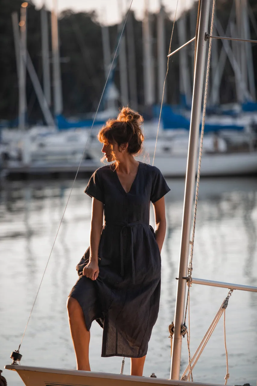 June Dress in Navy Linen