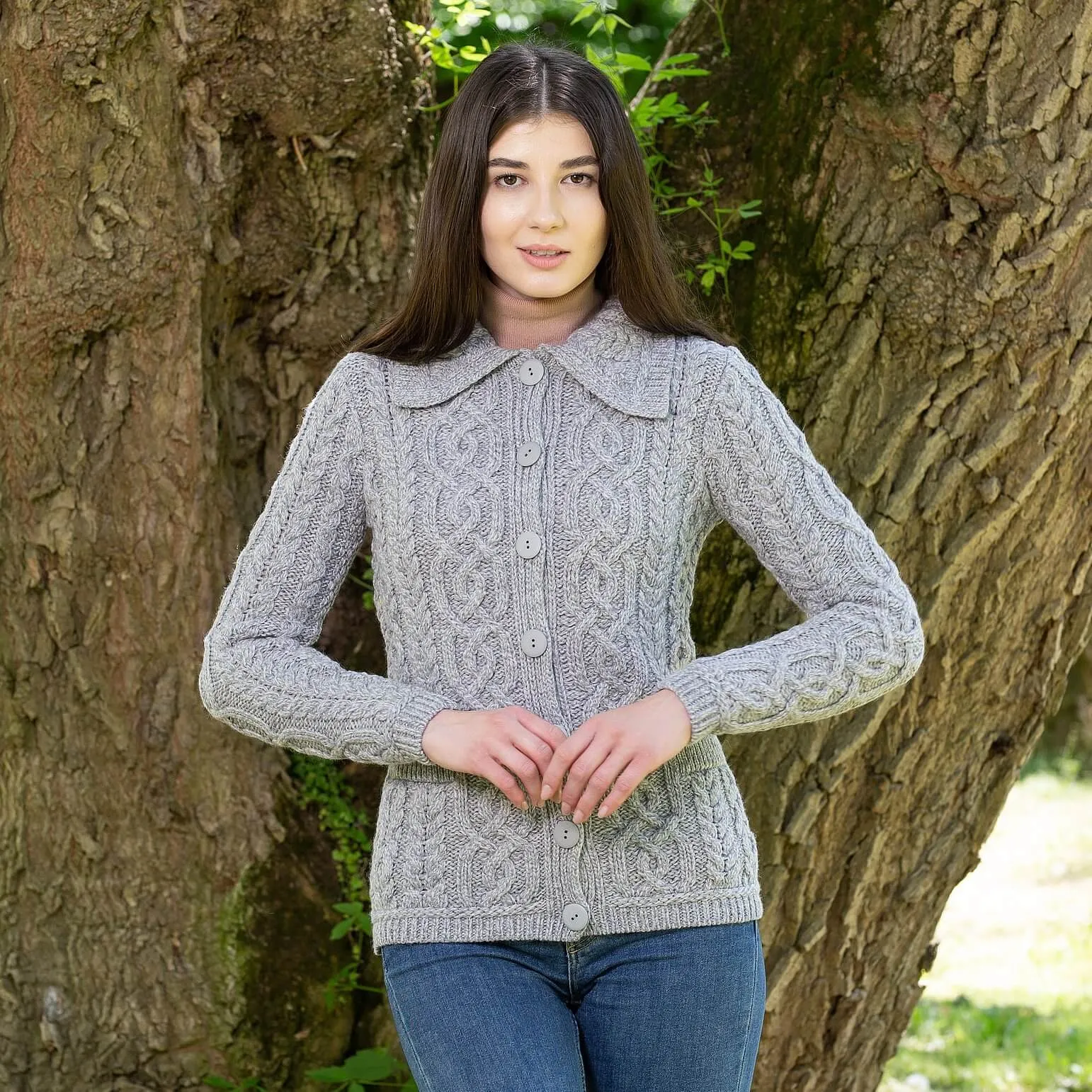 Ladies Button Green Irish Aran Cardigan