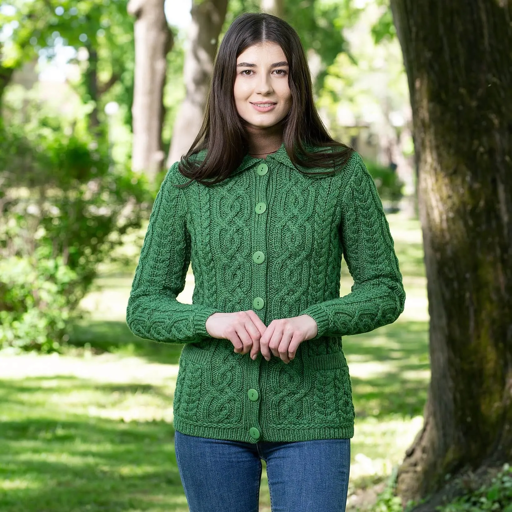 Ladies Button Green Irish Aran Cardigan