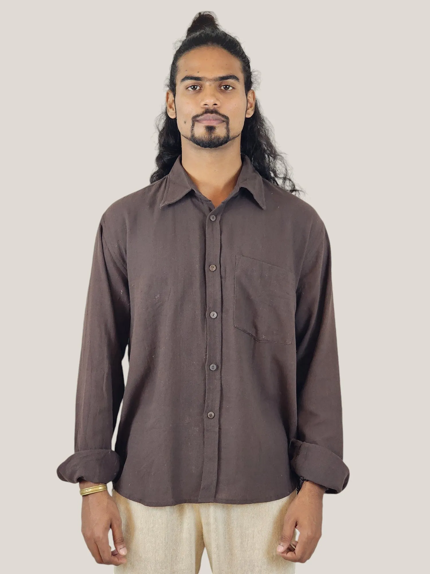 Men's Cacao Brown Organic Cotton Long Sleeve Button Down