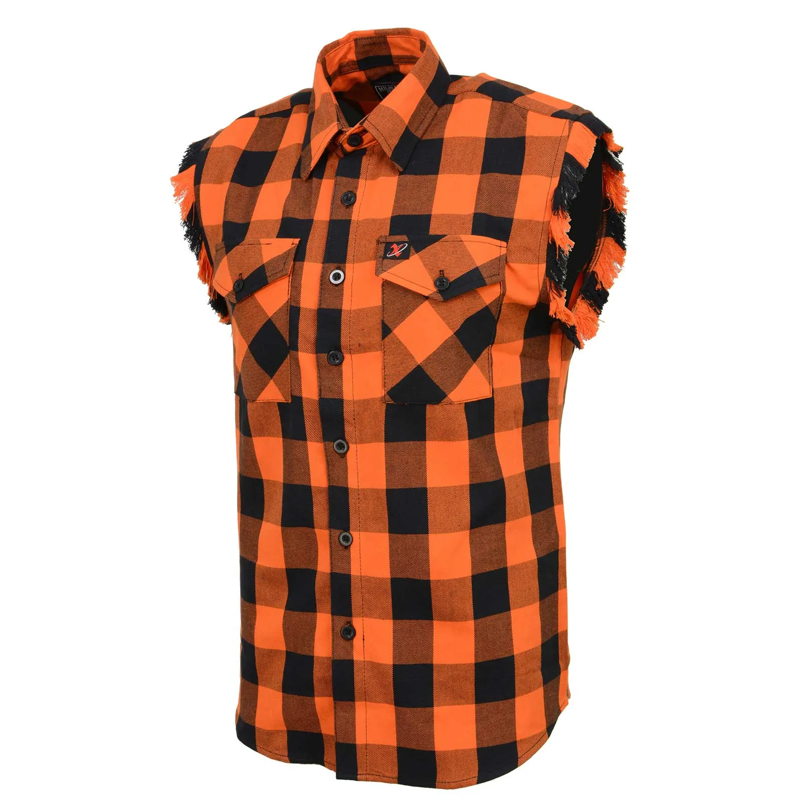 Milwaukee Leather MNG11698 Men’s Classic Black and Orange Button-Down Flannel Cut Off Frayed Sleeveless Casual Shirt