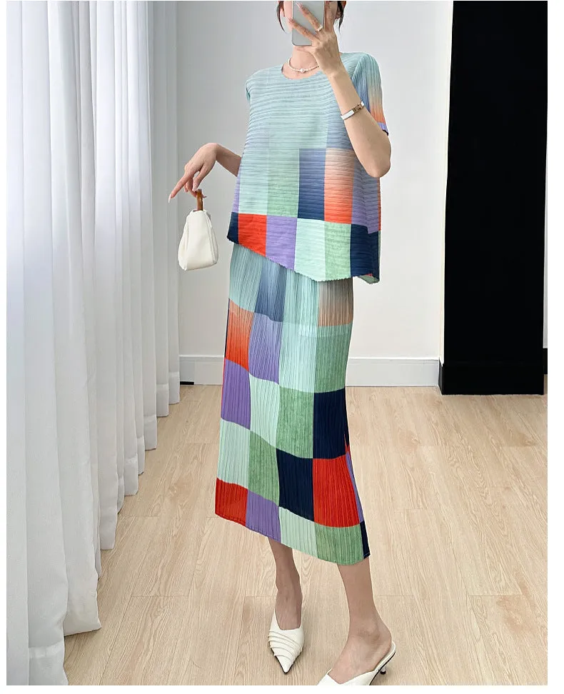 Miyake Pleated Color Block Printed Top and Skirt Set