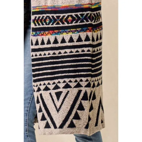 Oatmeal Multi Rainbow Aztec Jacquard Hooded Knit Open Cardigan Western Sweater