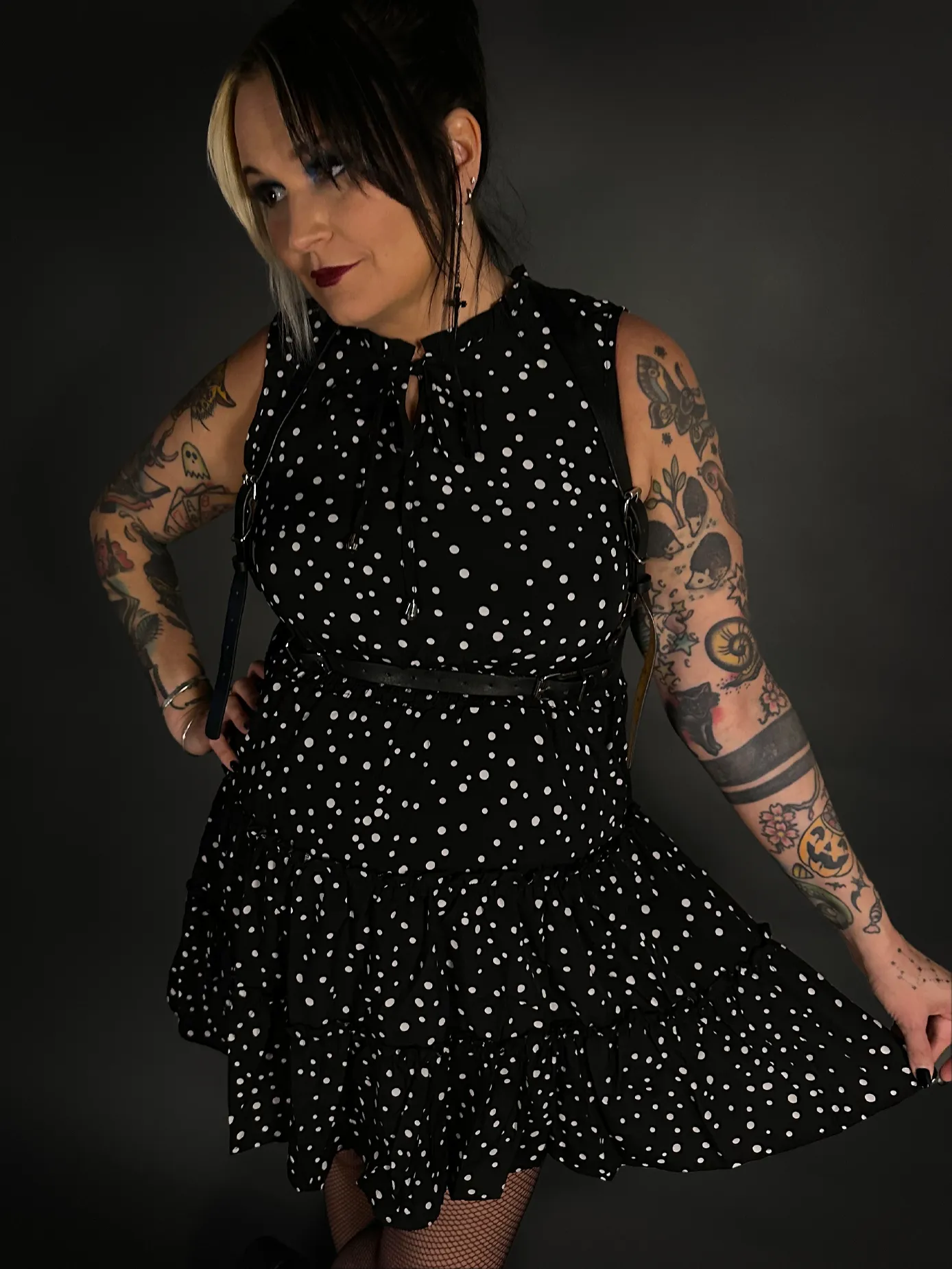 Outfit Set - Sleeveless Abstract Polka Dot Dress & Black Shoulder Harness Belt