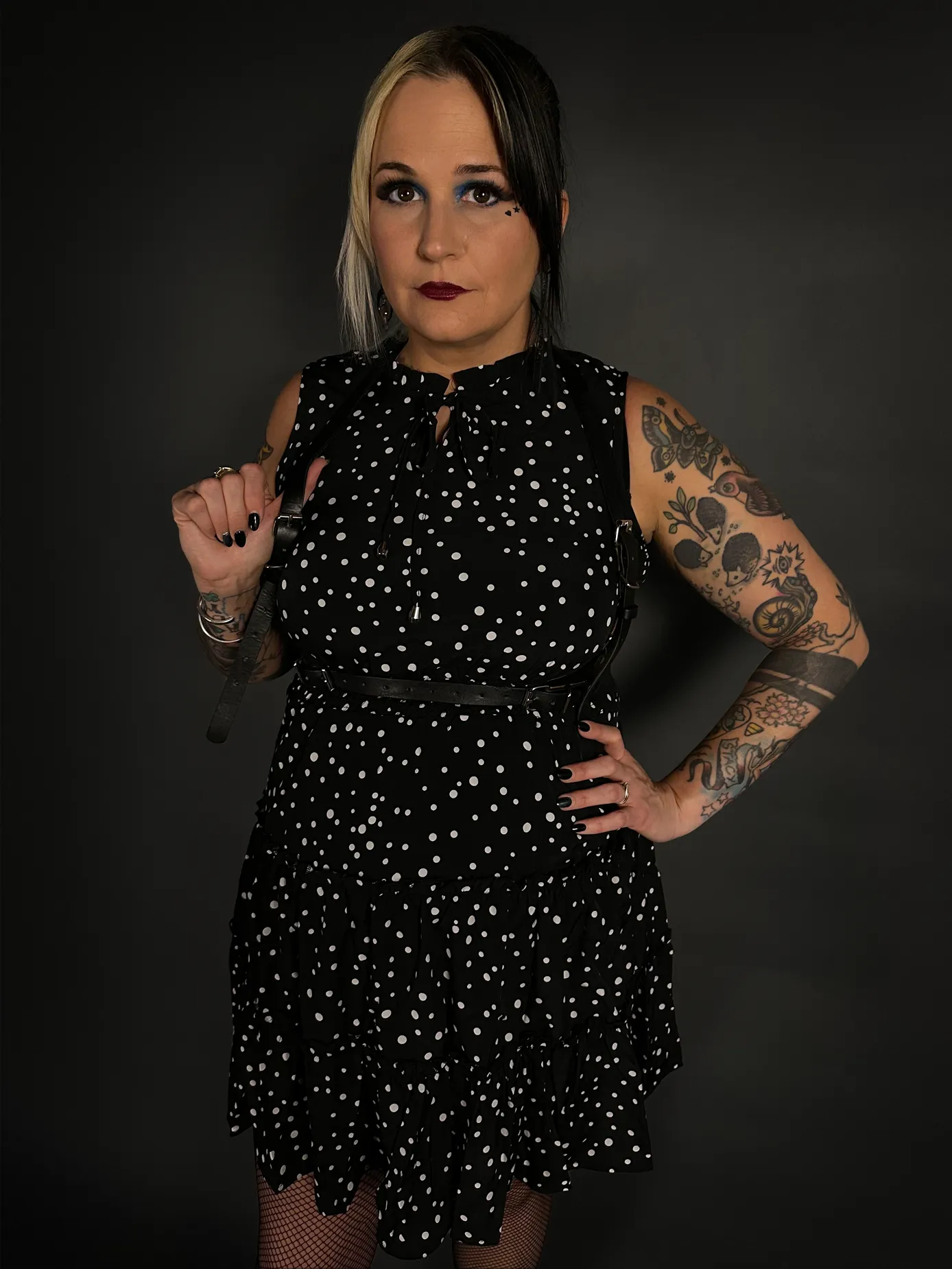 Outfit Set - Sleeveless Abstract Polka Dot Dress & Black Shoulder Harness Belt