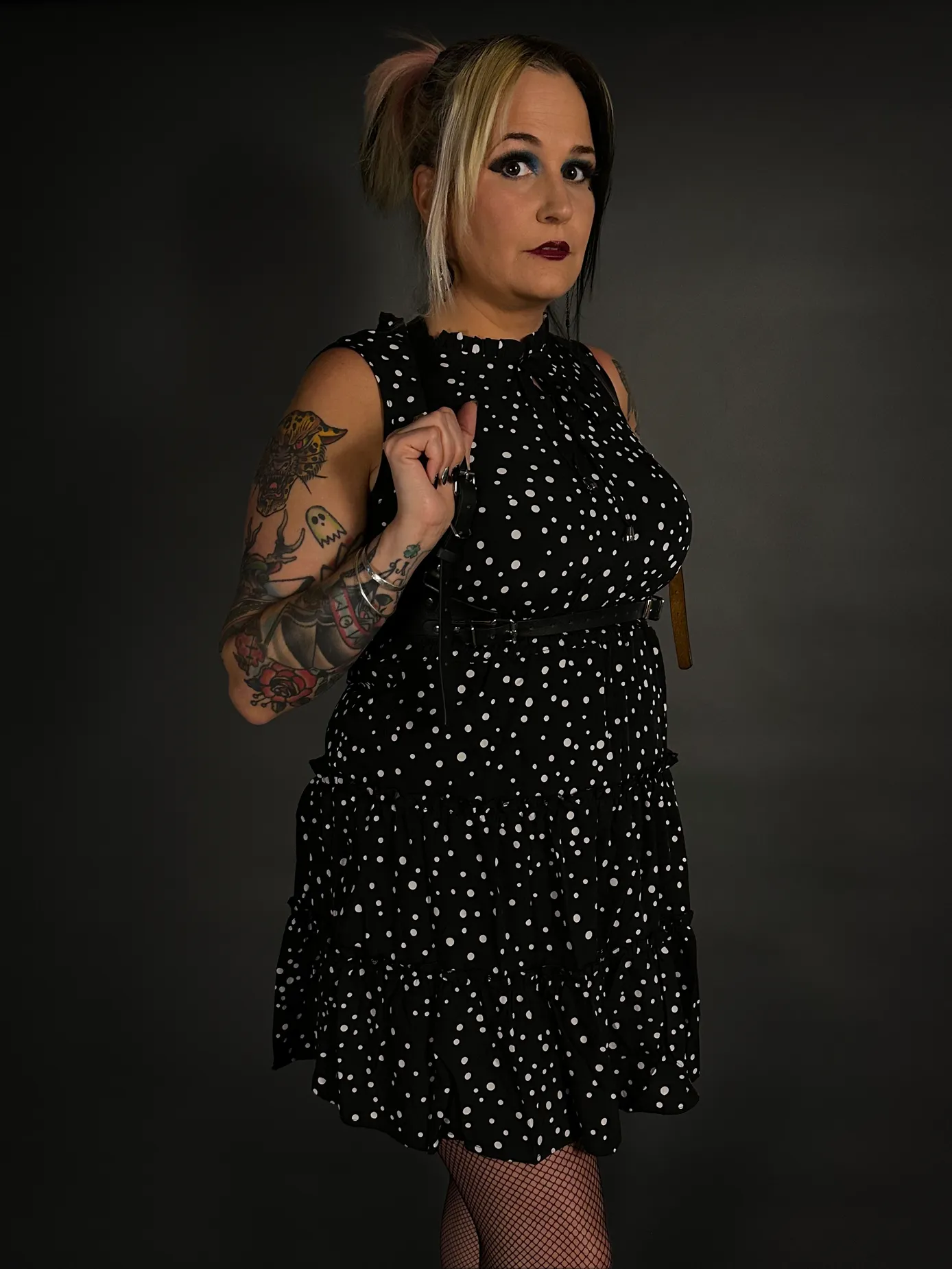 Outfit Set - Sleeveless Abstract Polka Dot Dress & Black Shoulder Harness Belt