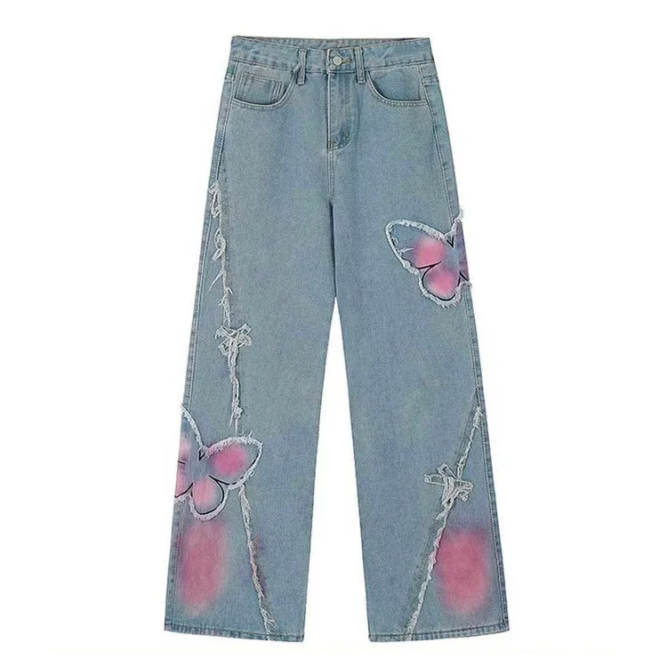 Pink Butterfly Wide Leg Jeans