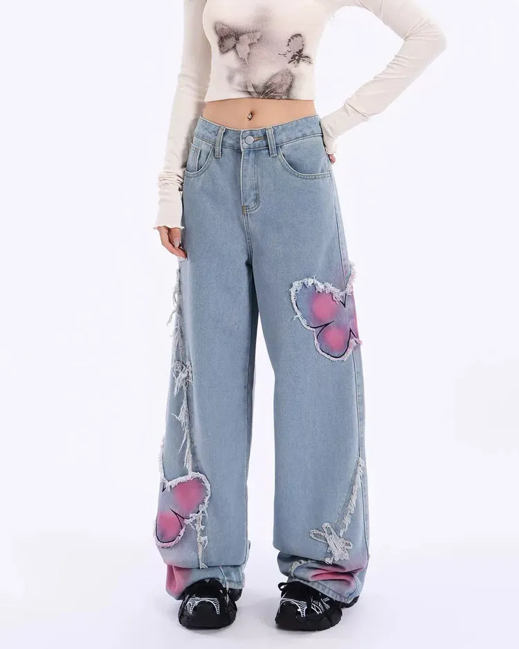 Pink Butterfly Wide Leg Jeans