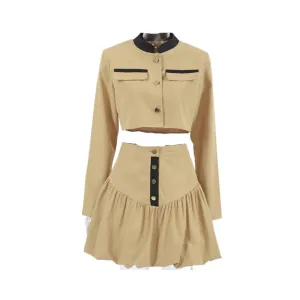 Pre Order: Khaki False Pockets Stand Collar Long Sleeve   Midi Skirt