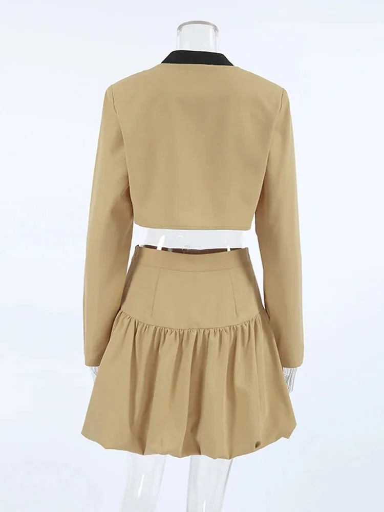 Pre Order: Khaki False Pockets Stand Collar Long Sleeve   Midi Skirt