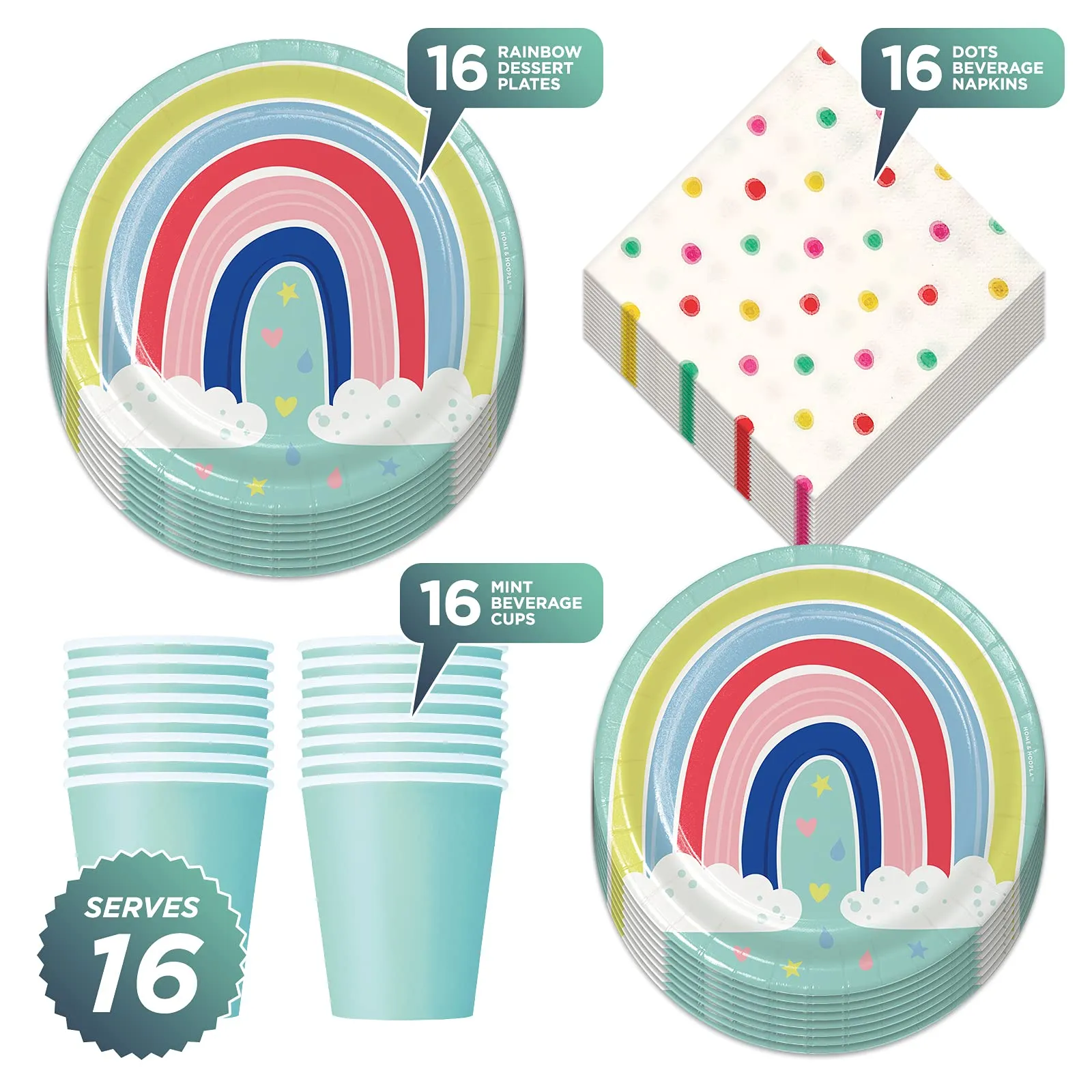 Rainbow Party - Rainbow Art Mint Baby Shower & Birthday Paper Dessert Plates, Napkins, and Cups (Serves 16)