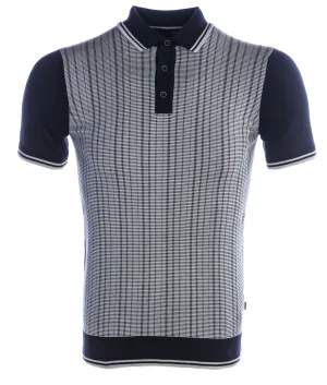 Remus Uomo Abstract Stripe Front Knitted Polo Shirt in Navy & Grey