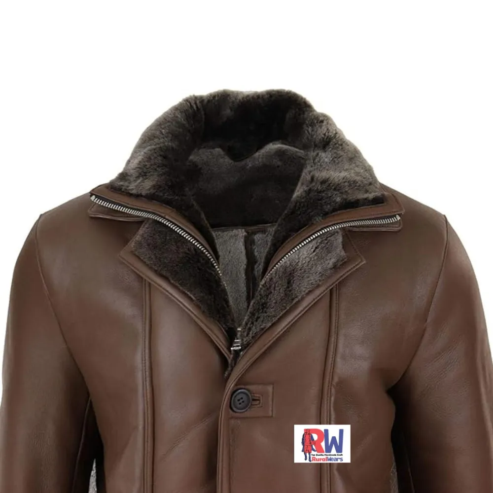 RW Authentic Sheepskin Men’s Vintage Brown Aviator Duffel Shearling Fur Leather Coat