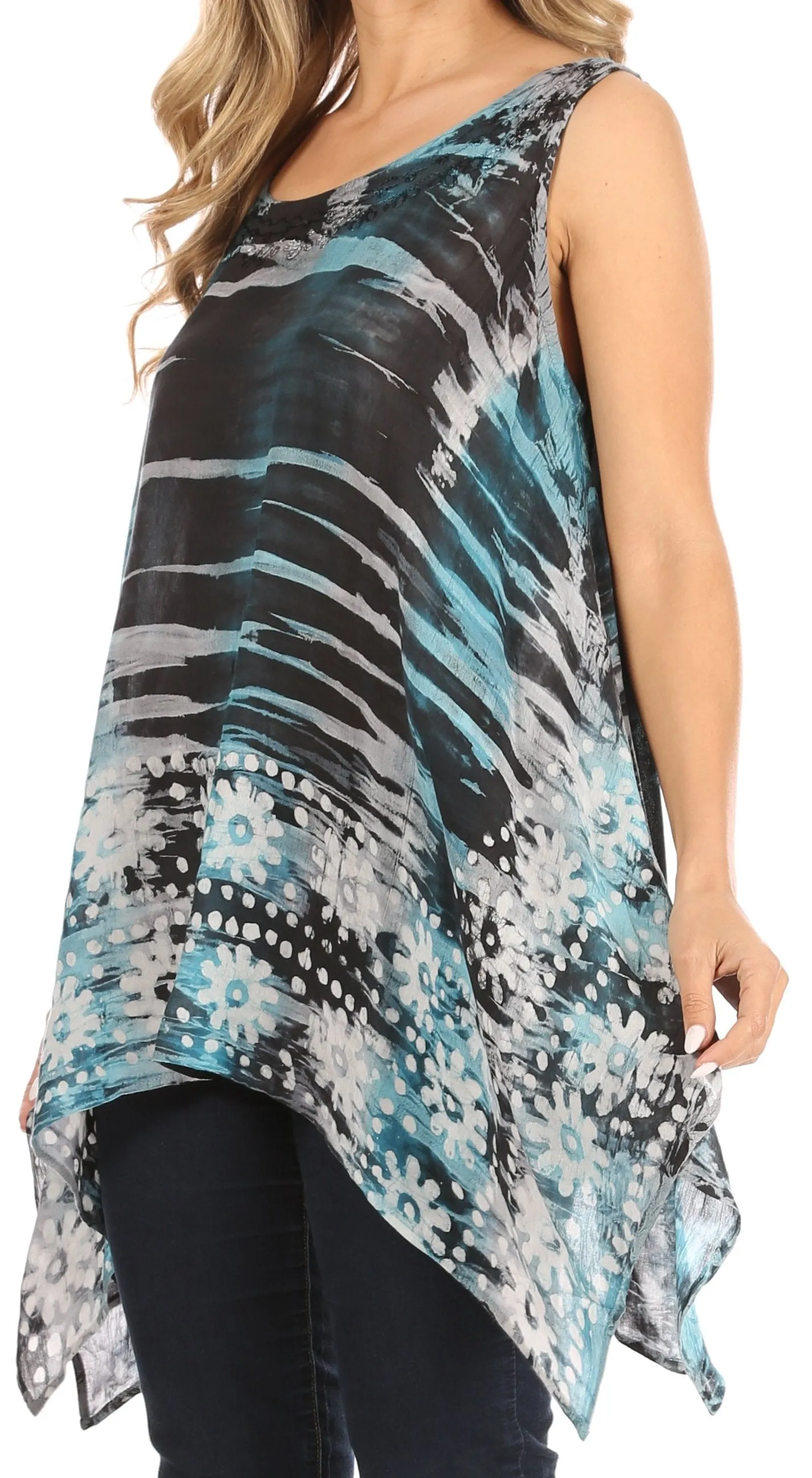 Sakkas Marin Women's Sleeveless Loose Boho Casual Tank Top Blouse Tie-dye & Batik