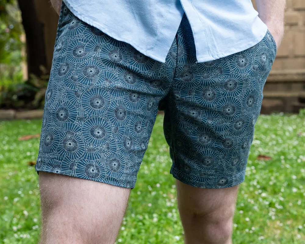 Sea Blue Japanese Fans Print Cotton Shorts - Made in USA