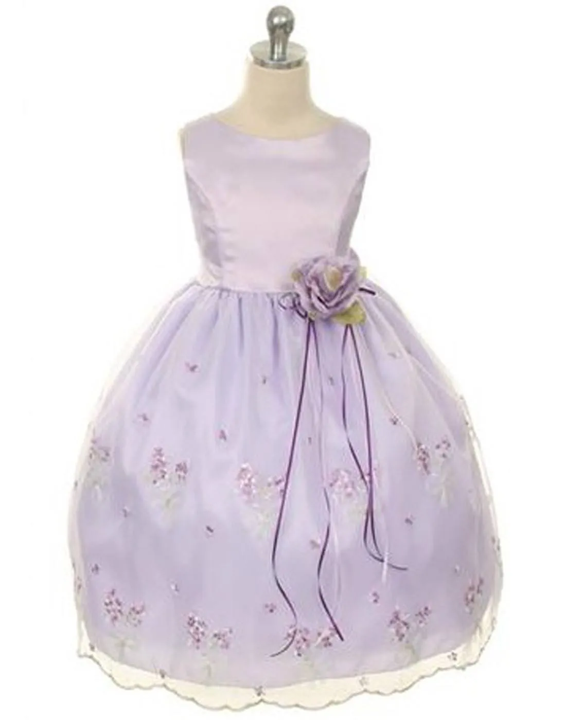 Shimmery Satin Bodice and Floral Embroidered Organza Overlay Skirt Dress - Lavender