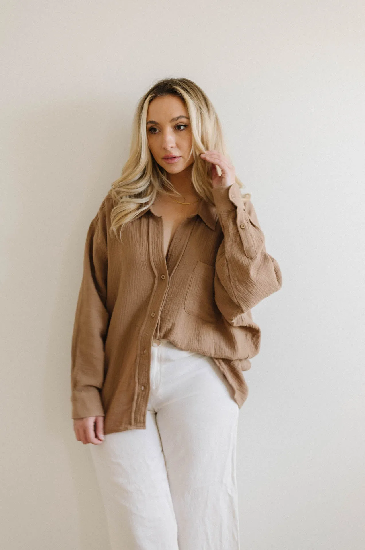 Summer Daydream Gauzy Oversized Button Down - Mocha