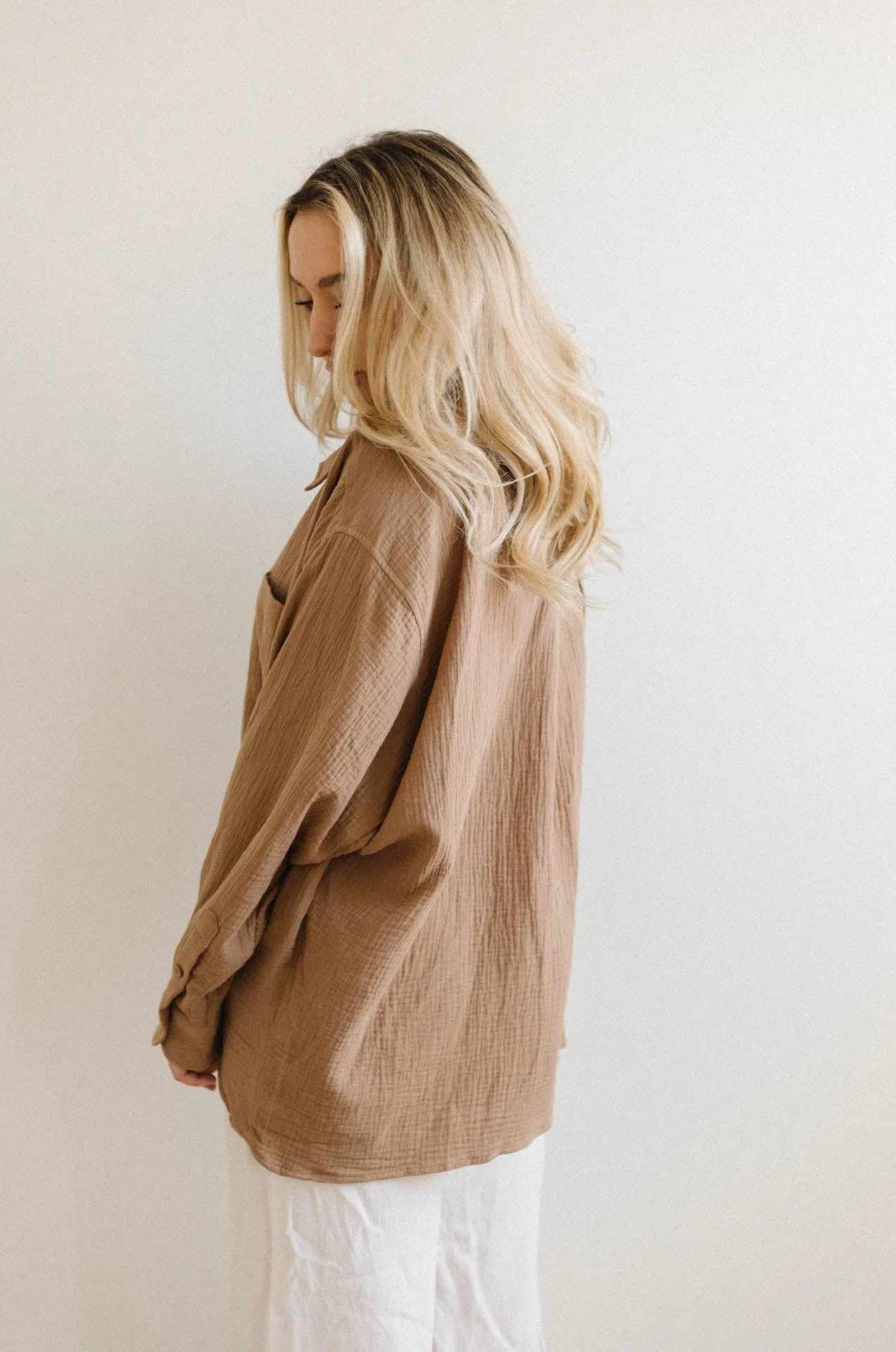 Summer Daydream Gauzy Oversized Button Down - Mocha