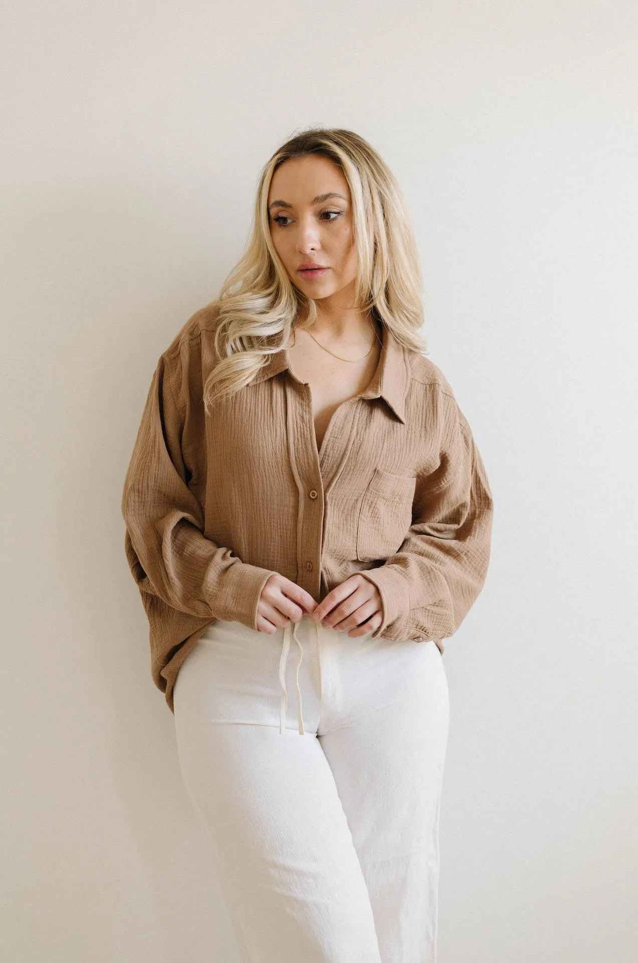 Summer Daydream Gauzy Oversized Button Down - Mocha