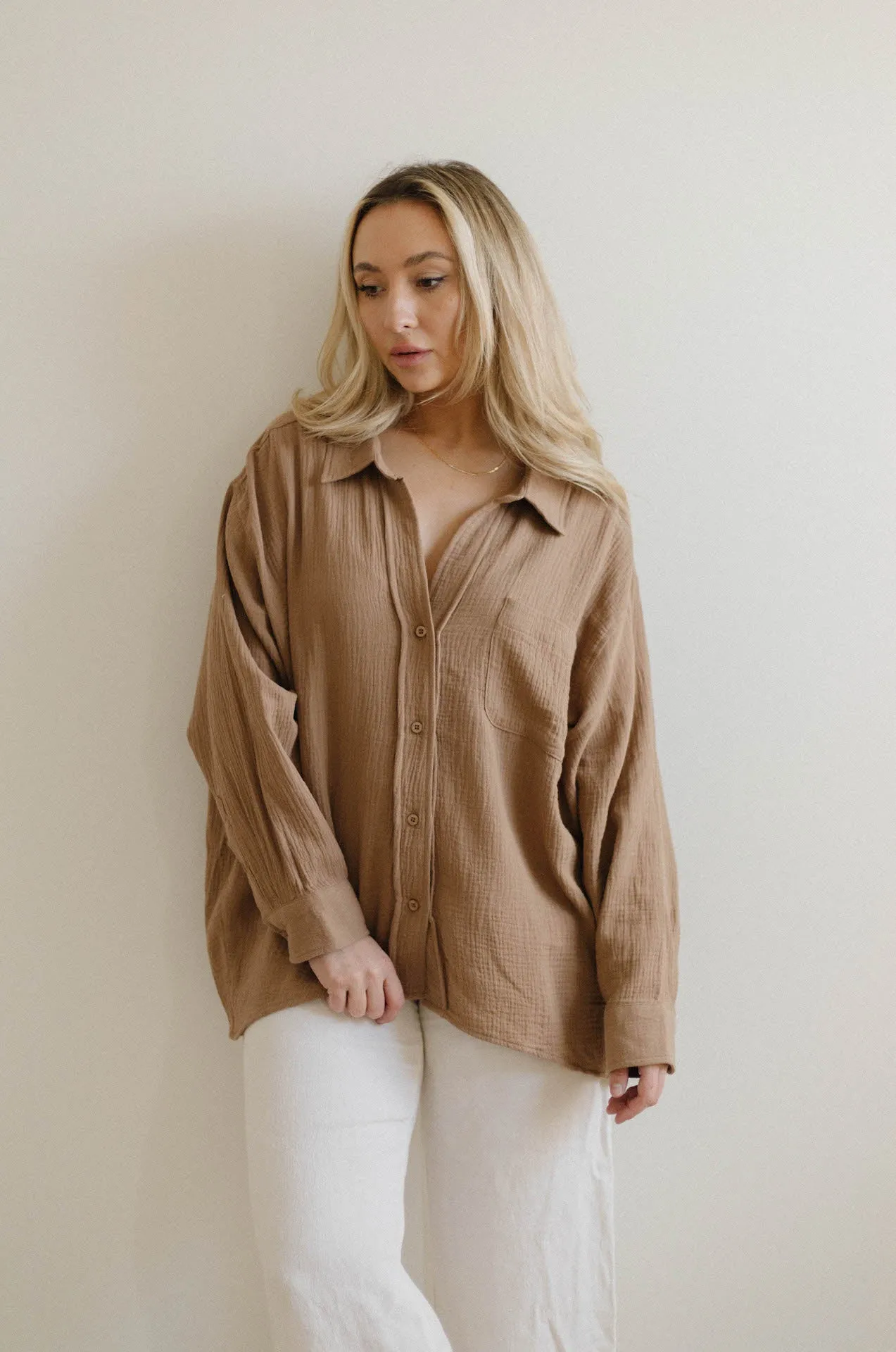 Summer Daydream Gauzy Oversized Button Down - Mocha