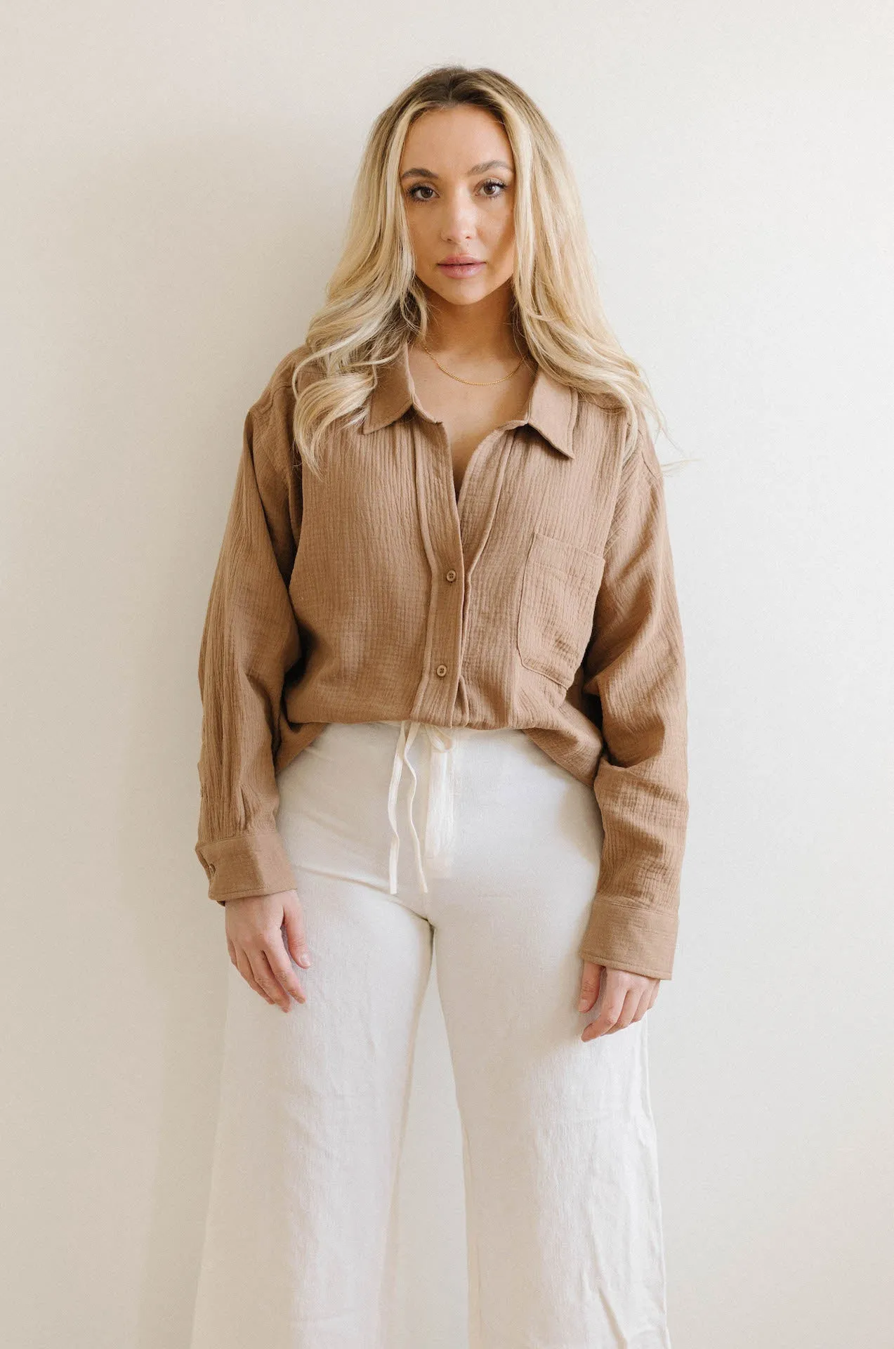 Summer Daydream Gauzy Oversized Button Down - Mocha