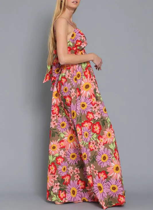 Sweet Blooms Pink And Brown Multi Floral Printed Maxi Dress With Open Back