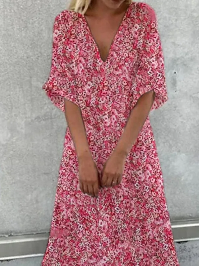 Women's A Line Dress Maxi long Dress Pink Short Sleeve Floral Print Ruched Swing Dress Spring Summer Dress V Neck Romantic Vacation 2023 S-3XL