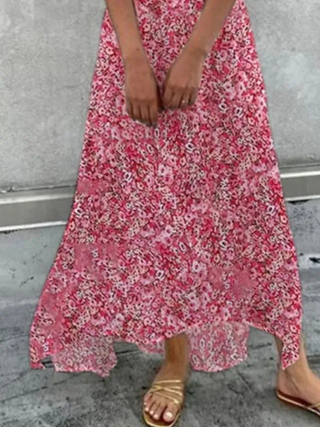 Women's A Line Dress Maxi long Dress Pink Short Sleeve Floral Print Ruched Swing Dress Spring Summer Dress V Neck Romantic Vacation 2023 S-3XL