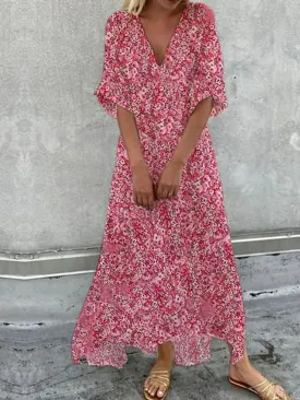 Women's A Line Dress Maxi long Dress Pink Short Sleeve Floral Print Ruched Swing Dress Spring Summer Dress V Neck Romantic Vacation 2023 S-3XL