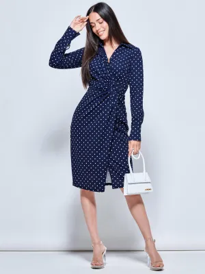 Wrap Front Buckle Detail Shirt Dress, Navy Polka Dot